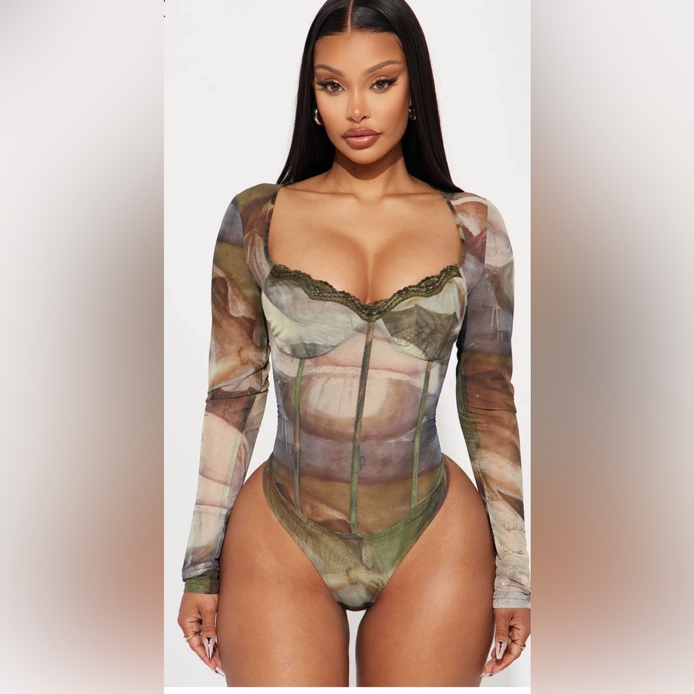 New Fashion Nova Midnight Fantasy Mesh Bodysuit - Green/combo Size Large